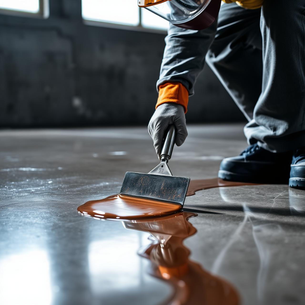 Installer spreading self-leveling epoxy resin