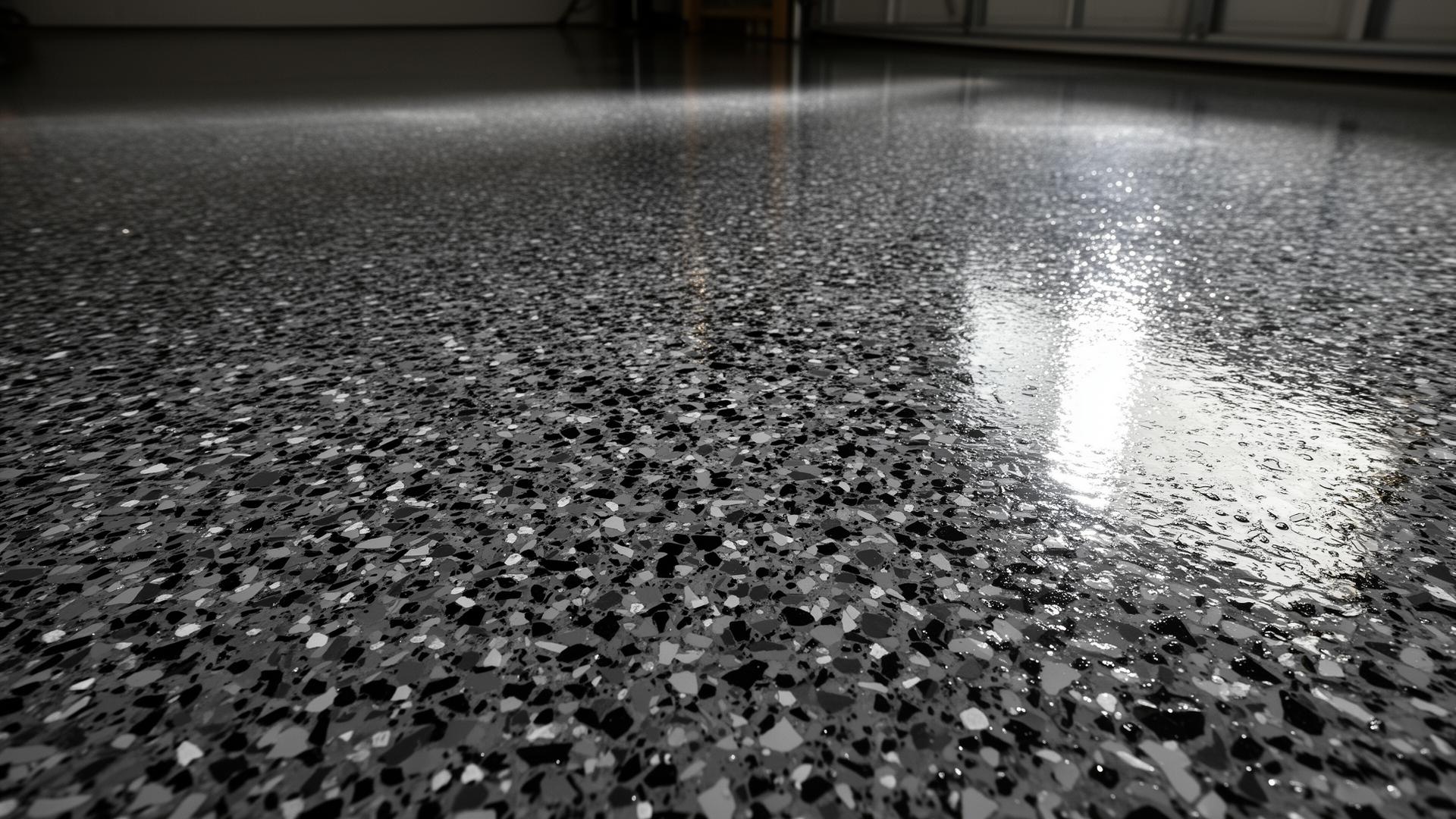 Glossy black and grey flake epoxy floor with mirror reflection
